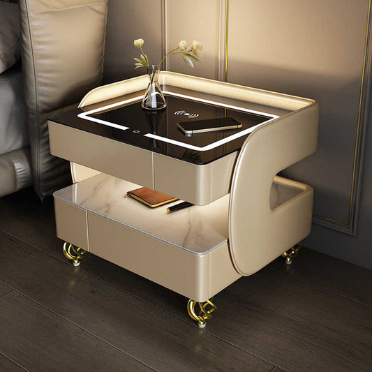 Italian Ultra-Modern Smart Nightstand – Wireless Charging Station with LED Accent Lighting, Bluetooth Speaker & Multi-Level Storage