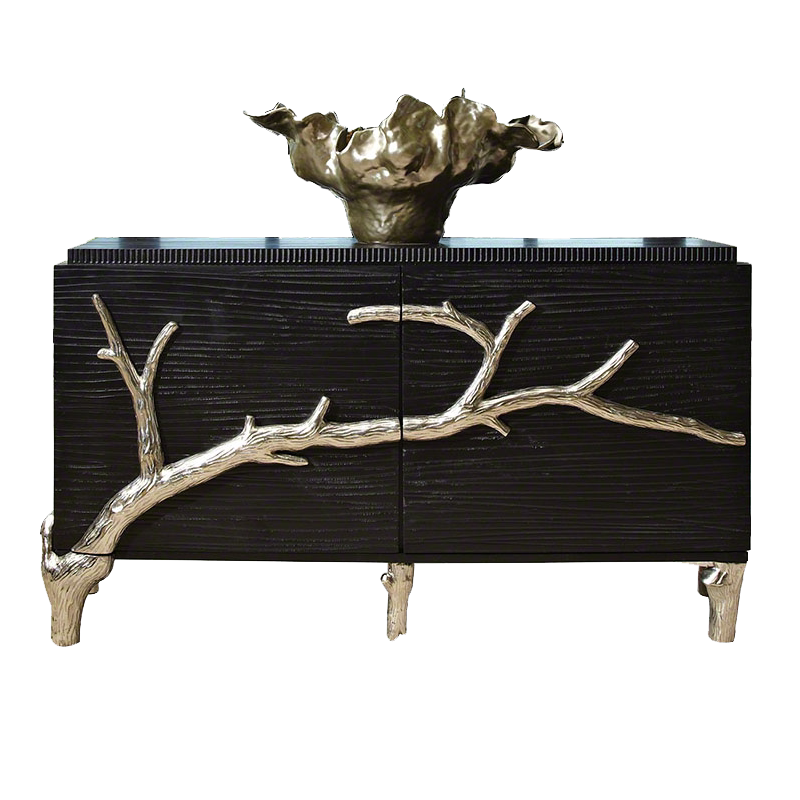 Neoclassical Luxury Black Sideboard – Two-Door Modern Foyer Cabinet with Gold Branch Art Accent