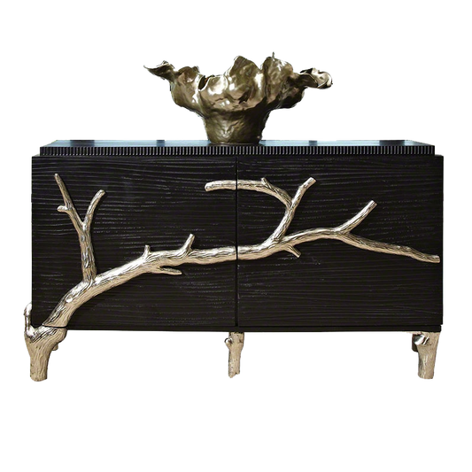 Neoclassical Luxury Black Sideboard – Two-Door Modern Foyer Cabinet with Gold Branch Art Accent