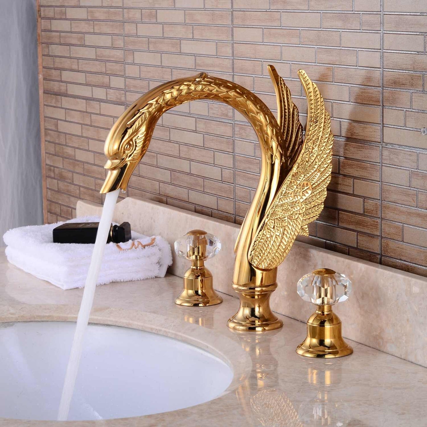 Luxury Gold Swan Basin Faucet with Crystal Handles, Three-Hole Golden Plated Lavatory Bathroom Sink Tap, Hot and Cold Mixer