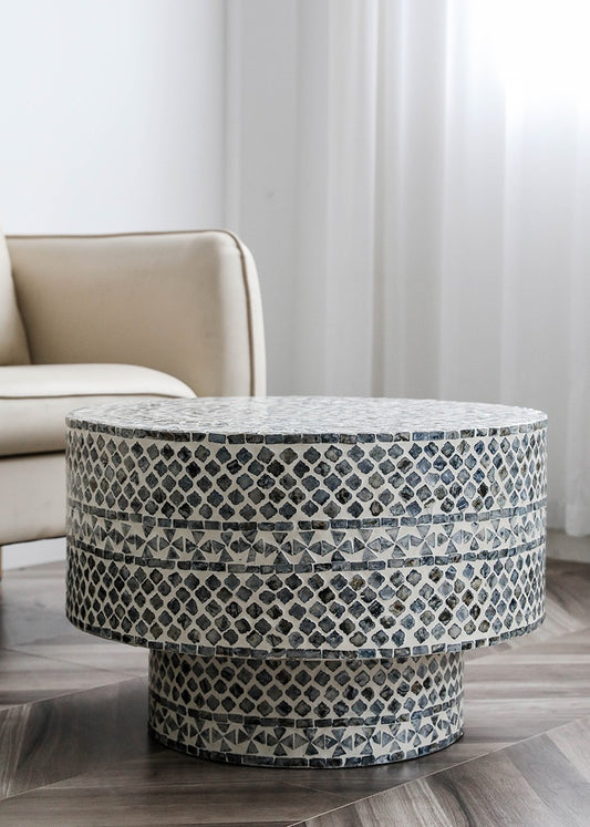 Vintage Mosaic Round Coffee Table, Designer Accent Table for Living Room, Modern Shell Inlay Sofa Side Table