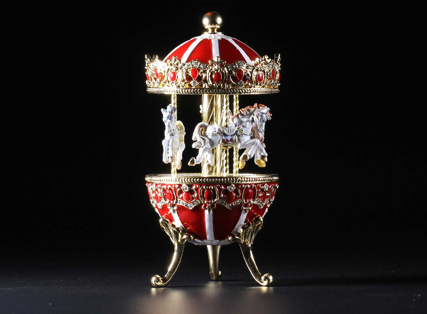 Fabergé Museum Quality Carousel Music Box with Sankyo Movement, Enamel Red & Gold Rotating Horses Musical Gift, Luxury Collectible