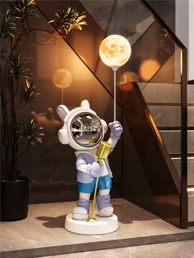 Astronaut Floor Decor Figure with Moon Lamp, Large KTV Singer Astronaut, Living Room TV Stand/Sofa Accent, Housewarming/Creative Gift (Blue)