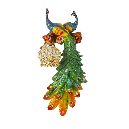 Peacock Resin Wall Lamp Set of 2, Creative Double-Peacock Colorful Sconce for Living Room, Bedroom, Study, Bedside, Accent Background Wall