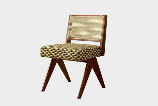 Mid-Century Rattan Back Solid Wood Accent Chair – Vintage Designer Single Dining & Study Chair for Home & Living Room