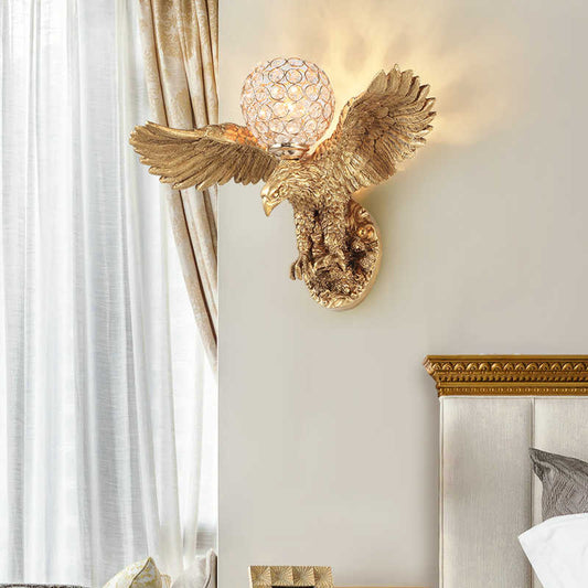 Golden Eagle Wall Sconce Light – Decorative Animal Lamp with Crystal Globe Shade for Living Room, Bedroom, Staircase, Office, Bar, or Accent Wall