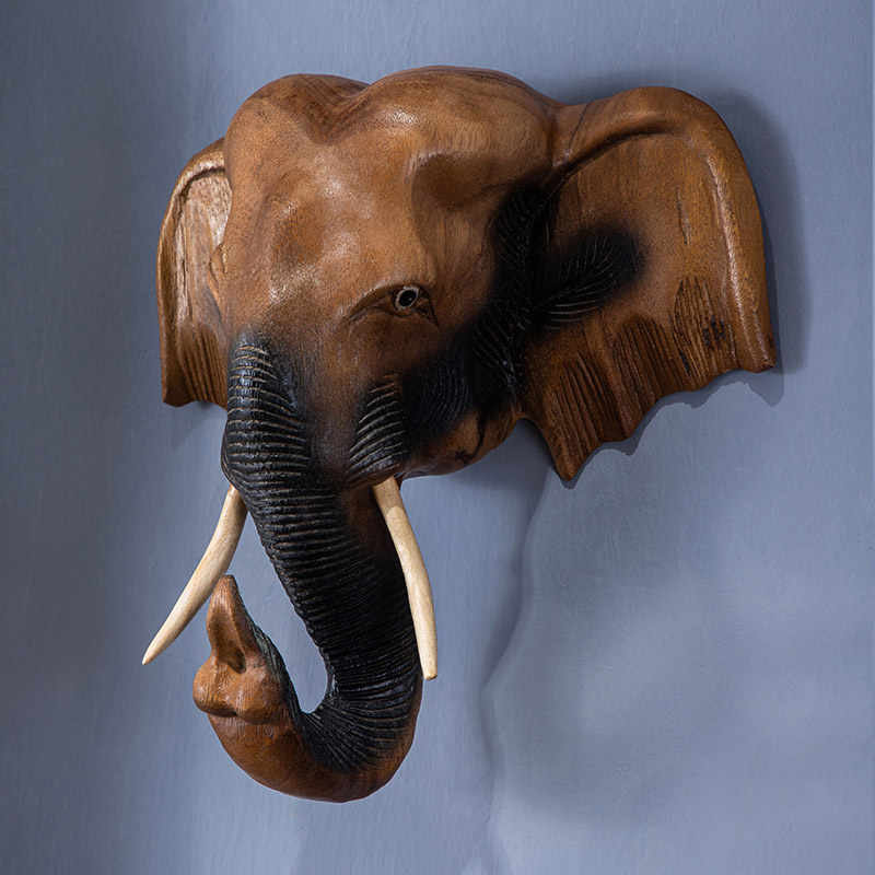 Thai Hand-Carved Wooden Elephant Head Wall Mount, Southeast Asian Style Home Decor Wall Hanging for Living Room & Office