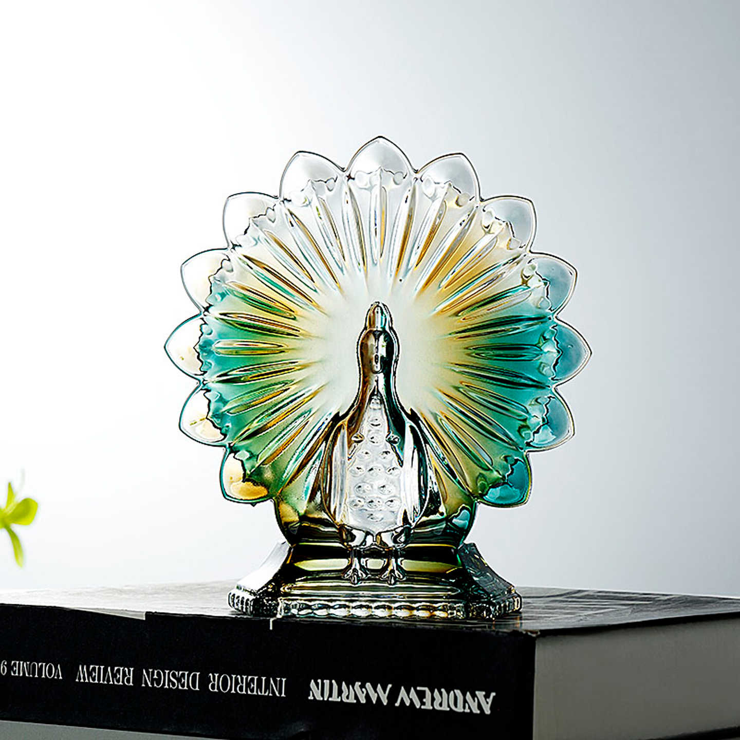 Peacock Crystal Glass Napkin Holder, Embossed Art Glass Tissue Box with Emerald & Gold Accents, Decorative Table Centerpiece Gift