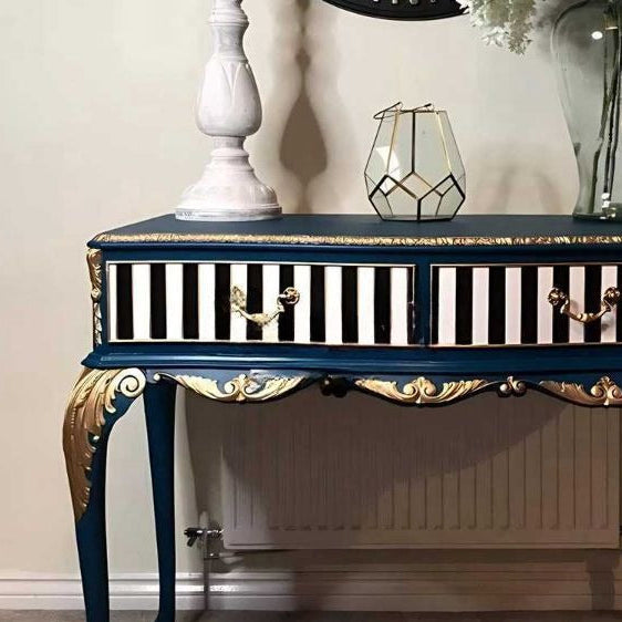 Neoclassical Striped Console Table – Light Luxury Entryway Accent, Blue Gold Decorative Hallway Table