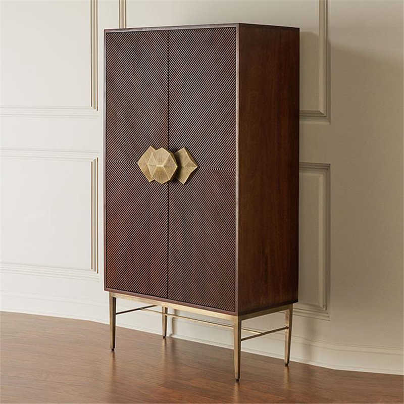 Neo-Classical Carved Wood Bar Cabinet, Luxury Brown Double-Door Storage Wardrobe
