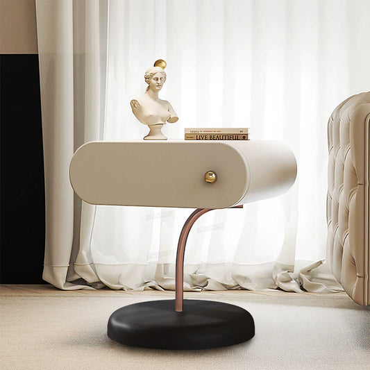 Italian Minimalist Cream Nightstand with Drawer – Modern Designer Side Table, Luxury Curved Accent Table for Bedroom, Living Room, Contemporary Furniture