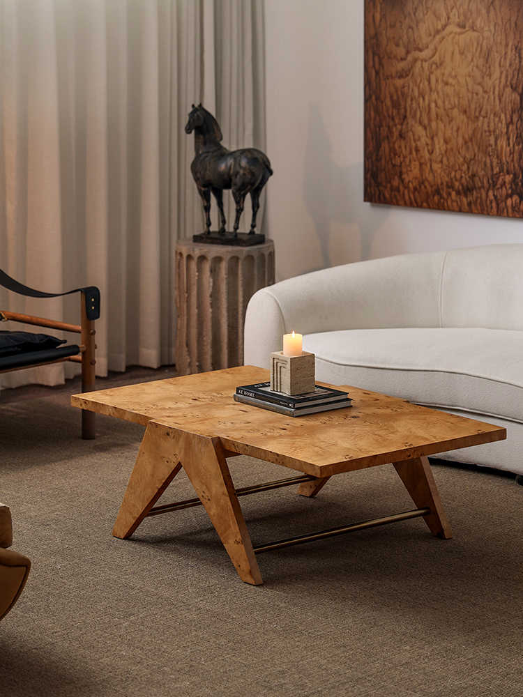 Golden Burl Wood Coffee Table – Chandigarh Style Designer Rectangular Low Table, Natural Tree Burr Grain Living Room Coffee Table, Mid-Century Modern Furniture