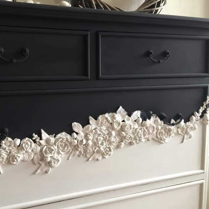 Vintage Two-Tone Carved Floral Solid Wood Dresser – Black & White Luxury Entryway Chest