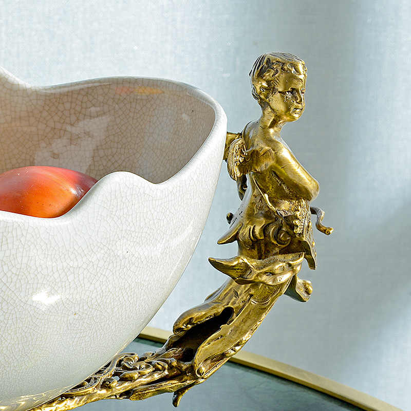 Luxury Porcelain and Brass Cherub Fruit Bowl, Creative Decorative White Ceramic Centerpiece for Living Room, Coffee Table, and Home Decor