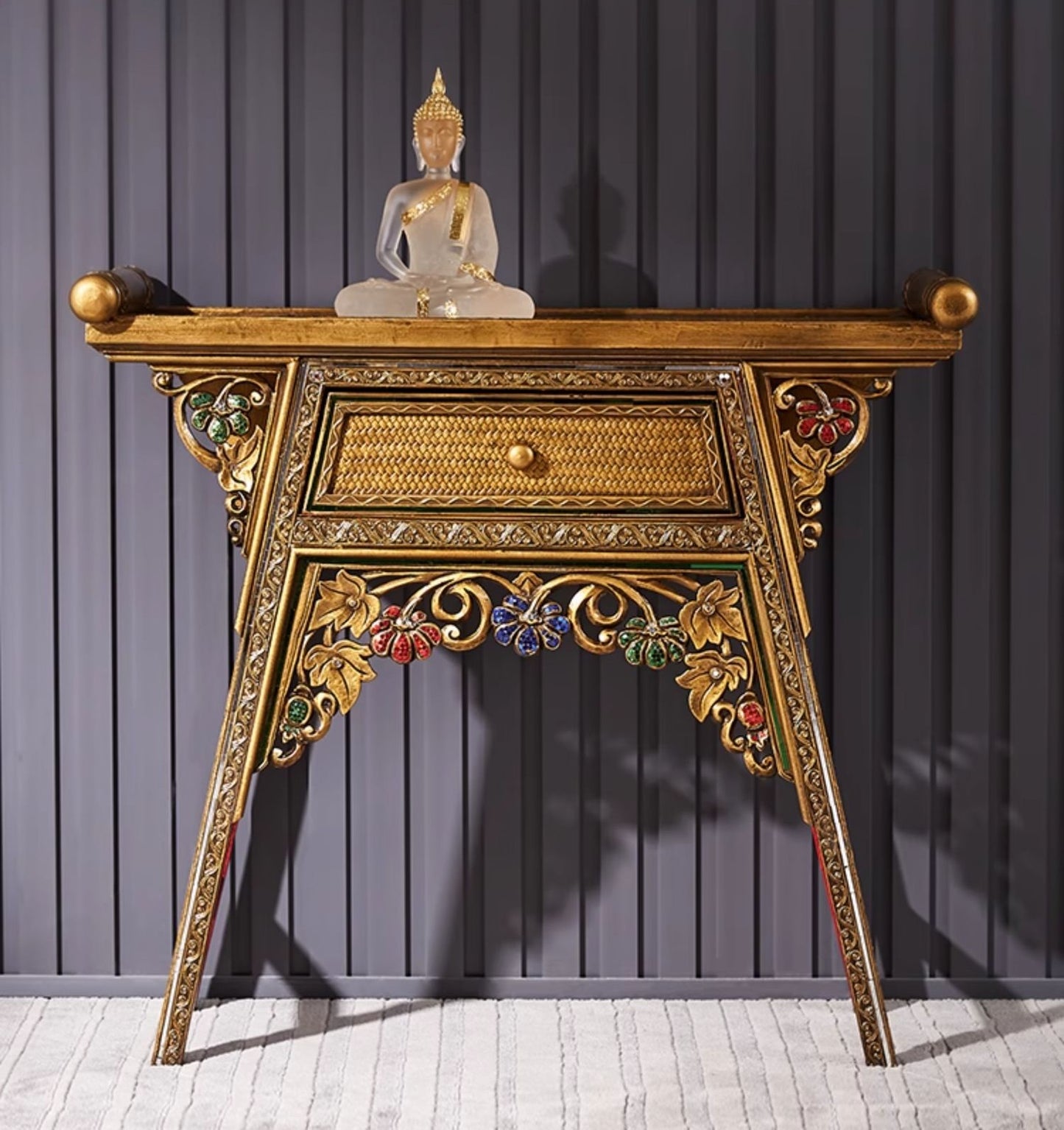 Thai Carved Wood Console Table with Ornate Golden Details, Southeast Asian Style Entryway Table with Gemstone Accents, Traditional Buddhist Altar Table,