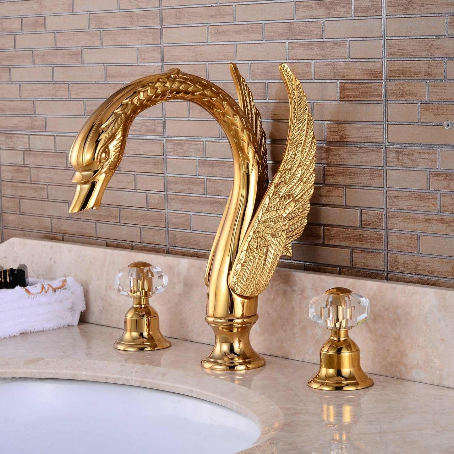 Luxury Gold Swan Basin Faucet with Crystal Handles, Three-Hole Golden Plated Lavatory Bathroom Sink Tap, Hot and Cold Mixer
