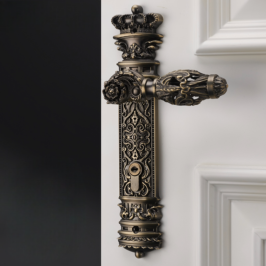 Antique Bronze Door Handle Set, Vintage Zinc Alloy Silent Magnetic Lever Lock, Ornate Villa & Interior Wood Door Hardware, Fits 35-50mm Thick Doors