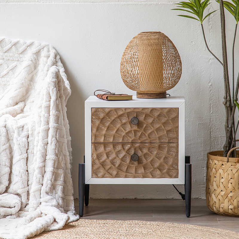 Wabi-Sabi Vintage Nightstand, Hand-Carved Geometric Bedside Table with White Frame and Textured Drawers, Modern Retro Sofa End Table for Bedroom or Living Room