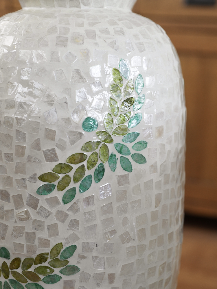 Cream-Style Floor Vase Set, Tall Decorative Mosaic Vases with Green Leaf Inlay for Living Room & Entryway Display