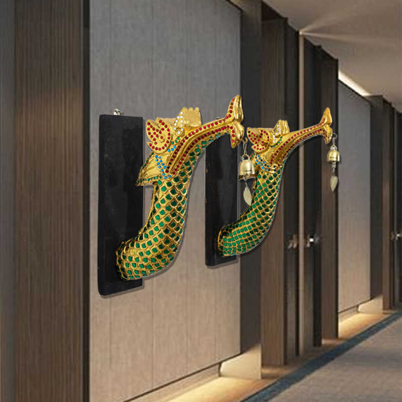 Thai Dragon Naga Wall Sculpture Set with Hanging Bells, Authentic Southeast Asian Temple Art for Spa & Hotel Decor,