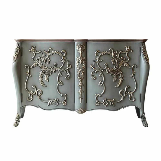 French Provincial Ornate Sideboard with Hand-Carved Relief Details, Vintage Gray-Green Console Cabinet with Curved Legs, Neoclassical Storage Buffet