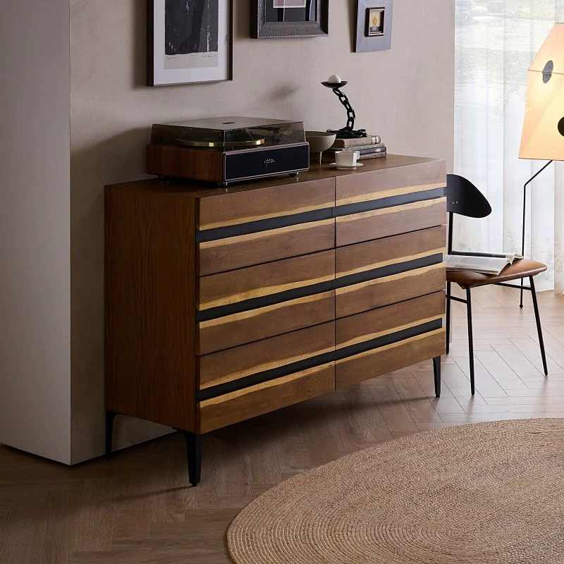 Vintage Solid Oak and Metal 6-Drawer Dresser, Entryway Storage Cabinet, Mid-Century Modern Sideboard