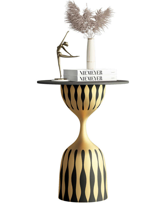 Modern Luxury Black Marble Side Table, High-End Hourglass Accent Table with Gold Detailing, Small Coffee Table for Sofa, Living Room, Apartment