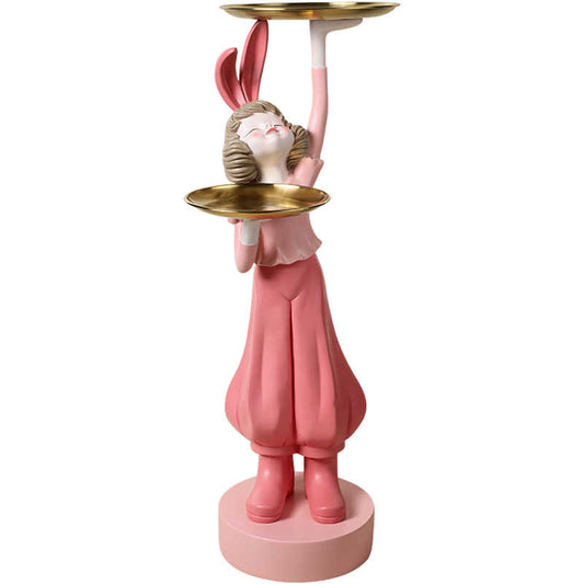 Luxury Modern Girl Bunny Floor Tray Decor, Large Pink Standing Decorative Sculpture Accent Table for Living Room, Entryway, Home Gift