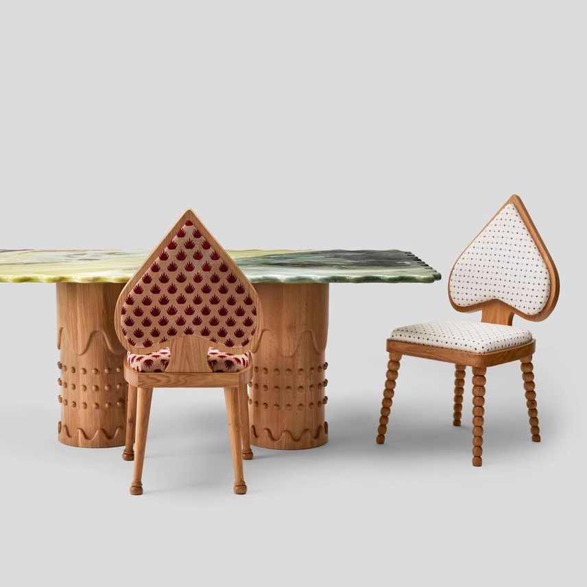 Heart-Shaped Vintage Dining Chair Set, Cream Style Solid Wood Frame with Polka Dot Upholstery, Designer Furniture for Restaurants & B&Bs