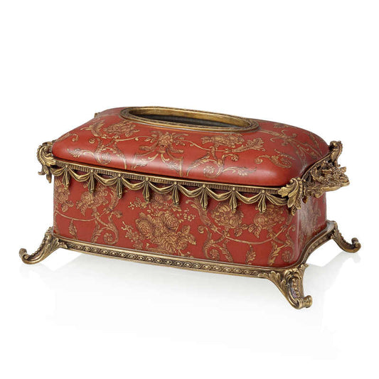 Red Porcelain and Brass Tissue Box, Decorative Napkin Holder for Living Room, Dining Table, Wedding, and Festive Occasions