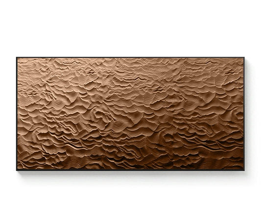 Extra Large Bronze Wave Textured 3D Wood Relief Wall Art Panel, Hand-Painted Sandstone Sculpture with Black Aluminum Frame, Luxury Living Room & Hotel Decor