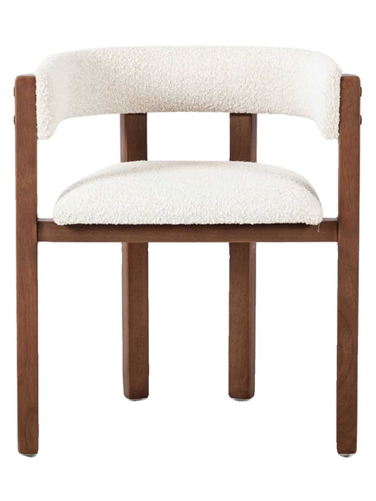 Nordic Wabi-Sabi Dining Chair with Boucle Upholstery, Solid Wood Frame Accent Chair with Curved Backrest, Hotel & Café Reception Chair in Cream White