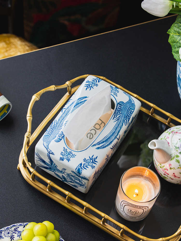 Blue and White Porcelain Tissue Box Set of 2, Ceramic Decorative Napkin Holder for Living Room, Coffee Table, Dining Desk, Floral & Bird Design Set