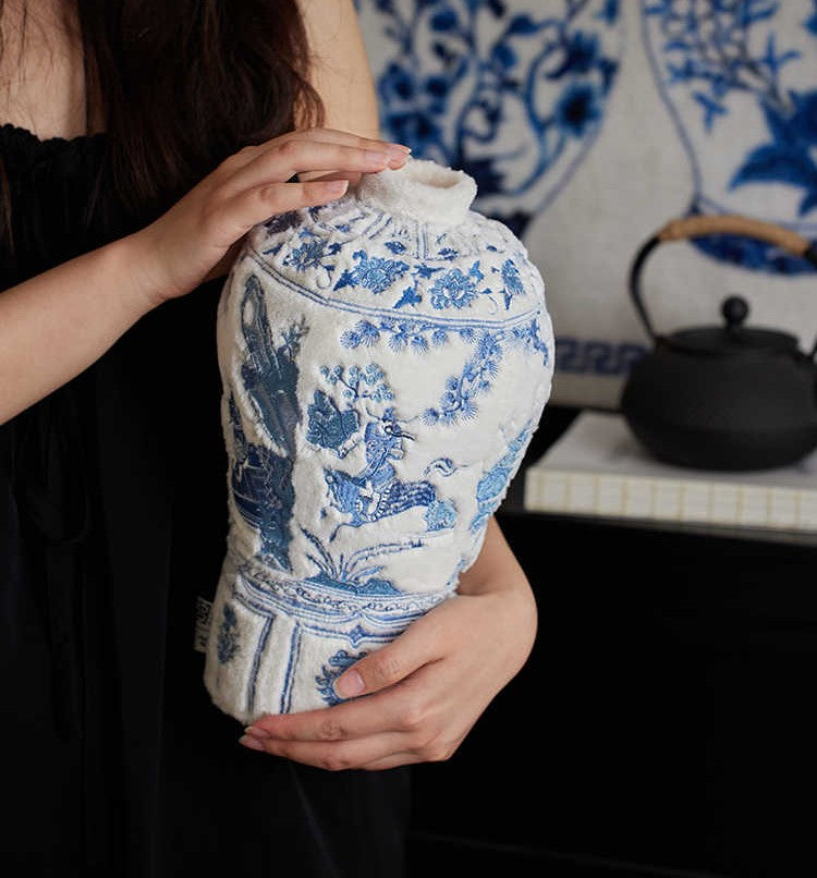 Blue & White Porcelain Vase Embroidered Pillow – Traditional Decorative Cushion