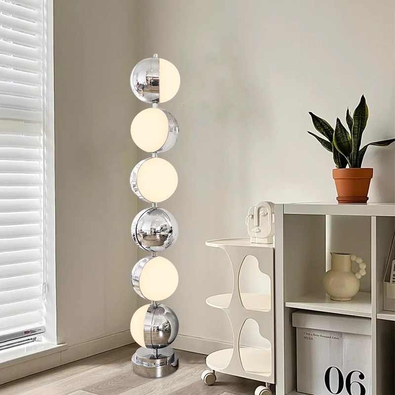 Designer Chrome & White Sphere Floor Lamp, Artistic Rotating Stack Modern Ambient Light for Living Room, Sofa Side, Bedroom