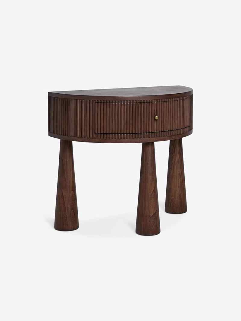 Vintage Solid Wood Bedside Table, Minimalist Walnut Half-Moon Nightstand with Drawer – “Fletcher” Model