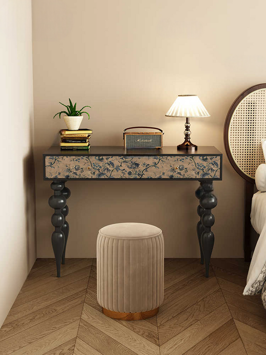 Vintage Solid Ash Wood Dressing Table, Black Retro Vanity & Writing Desk for Bedroom, Small Apartment