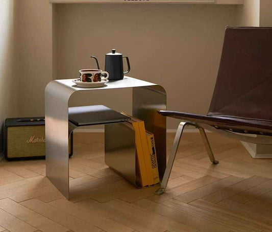 Brushed Stainless Steel S-Shaped Side Table, Nordic Minimalist Coffee Table with Storage Shelf, Contemporary Italian Design Accent Table