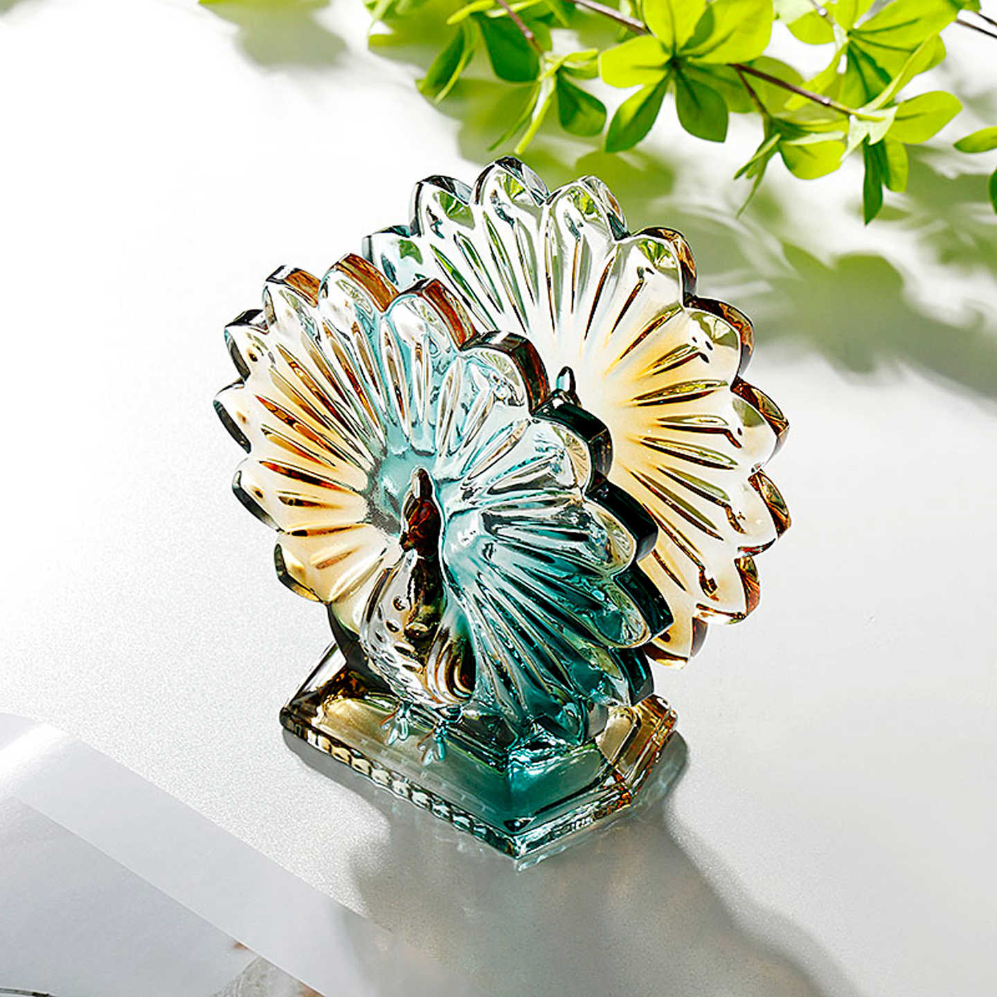 Peacock Crystal Glass Napkin Holder, Embossed Art Glass Tissue Box with Emerald & Gold Accents, Decorative Table Centerpiece Gift