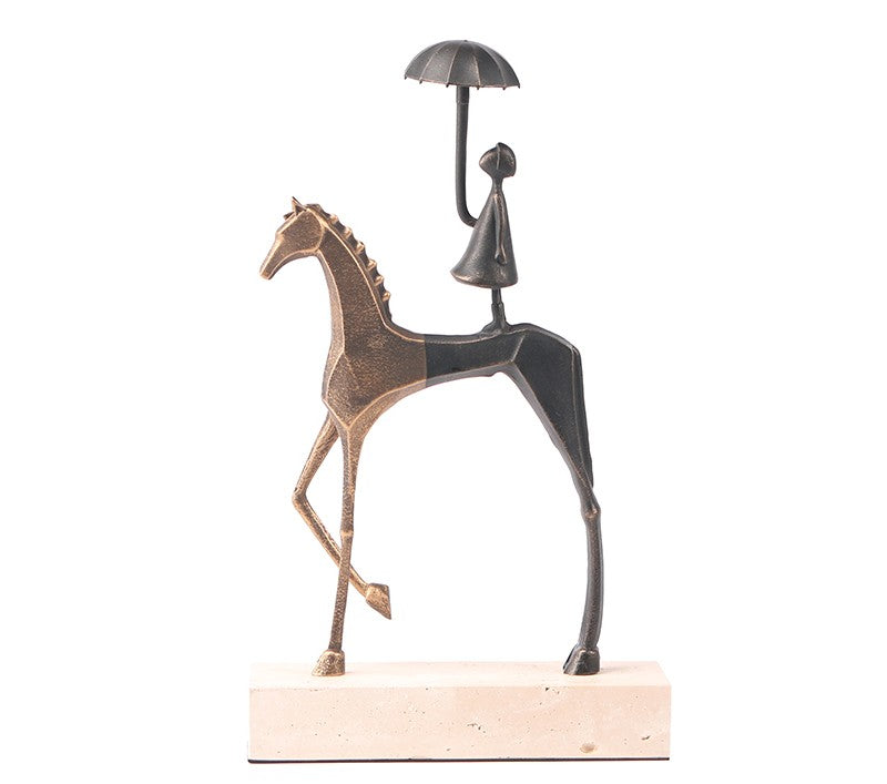 Modern Abstract Metal Horse and Rider Sculpture with Umbrella, Minimalist Artistic Figurine on Natural Stone Base for Living Room, TV Cabinet, Entryway, Shelf Decor