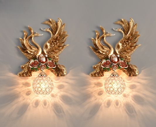 Gold Swan Wall Sconce Set – Luxury Handcrafted Resin and Crystal Wired Wall Lamps for Living Room, Bedroom, and Accent Walls