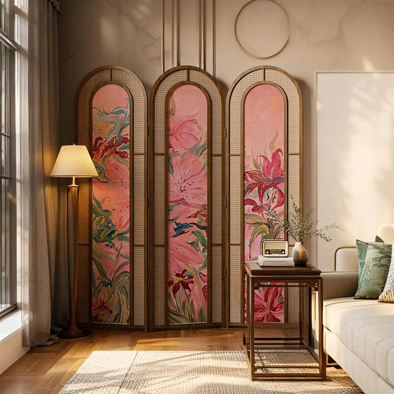 Vintage Rattan Folding Screen, Three-Panel Hand-Painted Floral Solid Ash Wood Room Divider, Elegant Bedroom, Living Room, Entryway Accent