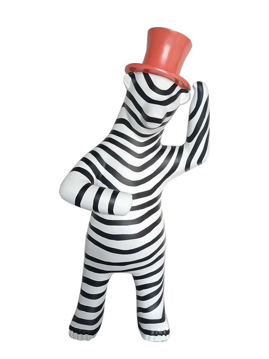 Modern Striped Top Hat Bear Sculpture, Large Cartoon Standing Mascot for Hotel Lobby, Mall, Showroom & Social Media Decor