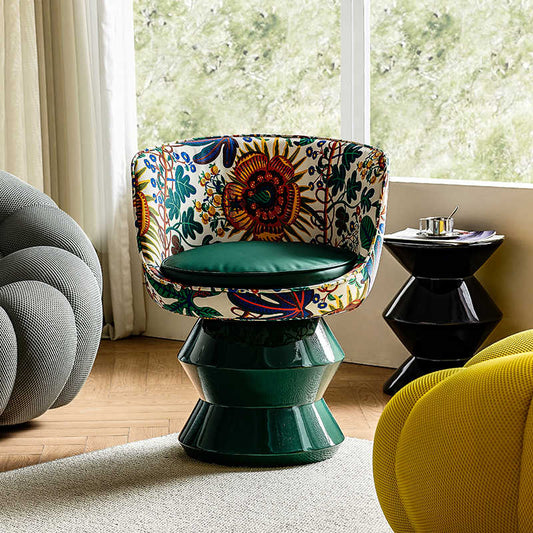 Minimalist Designer Swivel Lounge Chair, Green Fiberglass Base & Floral Upholstery Accent Armchair