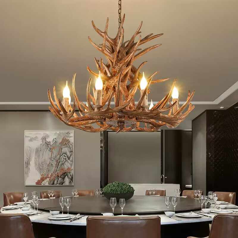 Vintage Faux Antler Chandelier, 9-Light Double Layer, Industrial Dining & Living Room Ceiling Lamp