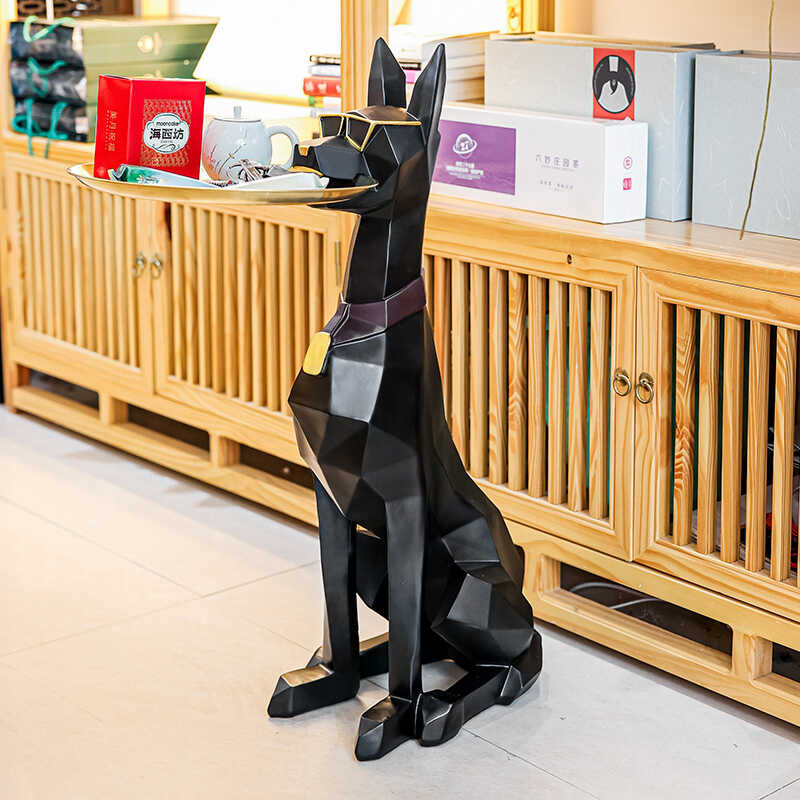 Large Geometric Doberman Side Table with Storage Tray, Polygonal Dog Sculpture for Entryway & TV Console
