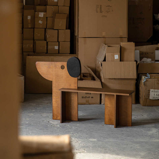 Whimsical Dog-Shaped Wooden Bench, Mid-Century Modern Pet-Inspired Seating with Circular Accents, Creative Studio Furniture & Entryway Shoe Bench