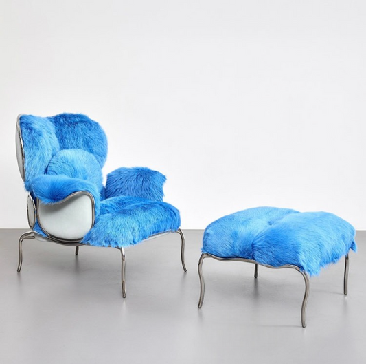 Designer Blue Faux Fur Lounge Chair, Modern Luxury Statement Sofa with Ottoman, Contemporary Accent for Villa Living Room