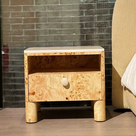 Designer Burl Wood Bedside Nightstand, Vintage Solid Wood End Table with Drawer, Luxury Bedroom & Hotel Accent Cabinet – Pre-Assembled