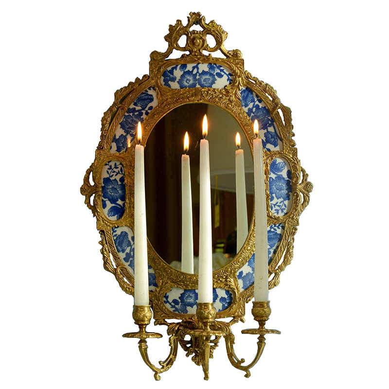 Blue and White Porcelain Brass Wall Mirror Candle Sconce – Oval Entryway Mirror with Candle Holder for Villa and Hall Décor